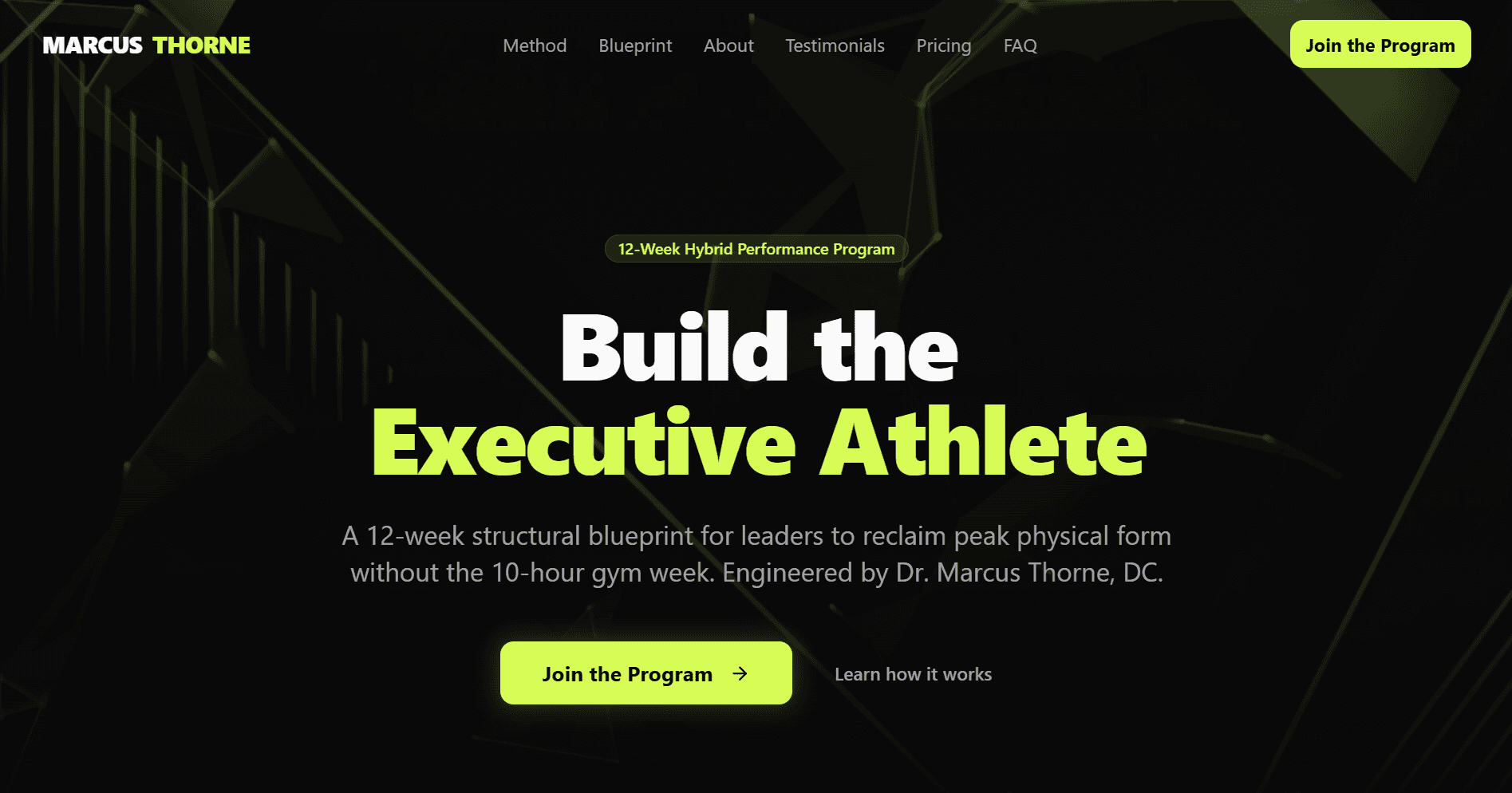 Marcus Thorne executive performance coaching landing page with the headline 'Build the Executive Athlete'.
